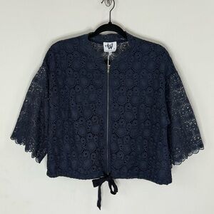 Anthropologie Who Wear What When Where Navy Lace Cropped Zip Front Jacket XS NEW